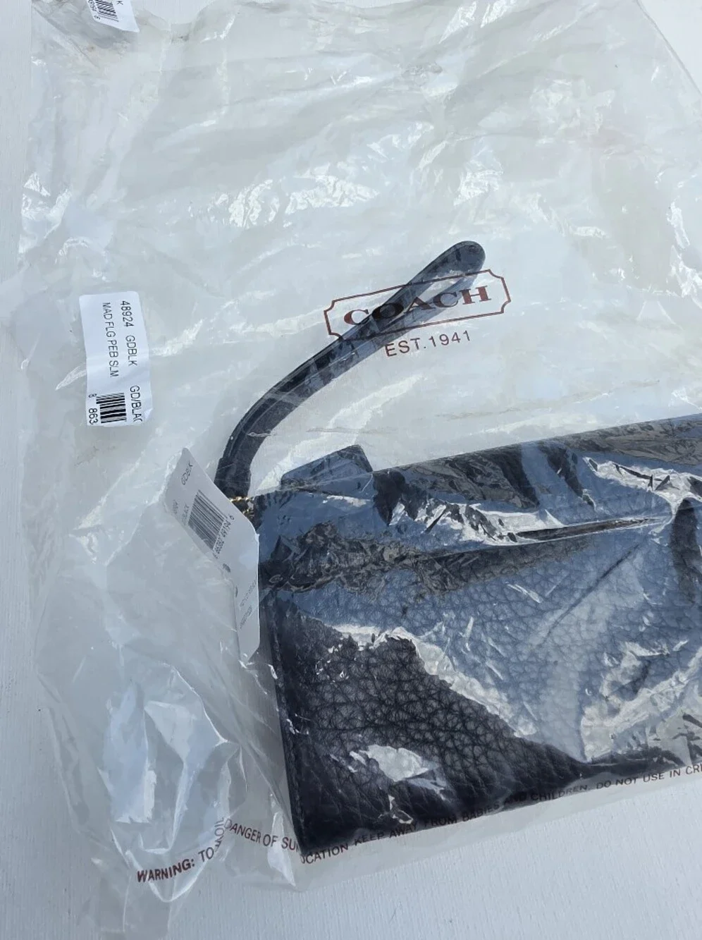 NWT Coach Madison Slim Flap Black Pebbled Leather Wristlet Clutch